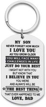 Load image into Gallery viewer, Gifts for Son Keychain Inspirational Birthday Gifts for Teenage Boys Men from Dad Mom to Son Kids Motivational Gifts College high School Graduation Key Ring Wedding Presents for Him