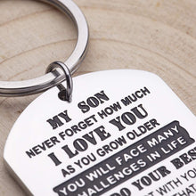Load image into Gallery viewer, Gifts for Son Keychain Inspirational Birthday Gifts for Teenage Boys Men from Dad Mom to Son Kids Motivational Gifts College high School Graduation Key Ring Wedding Presents for Him