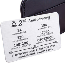 Load image into Gallery viewer, Wedding Anniversary Wallet Card Insert for Him Her 1st 2nd 5th 10th 11th Husband Wife Anniversary Valentine’s Day Christmas for Couple Men Women Birthday I Love You Note Hubby
