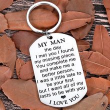 Load image into Gallery viewer, My Man Keychain Anniversary Valentine's Day Gifts For Him Men Boyfriend Husband To Be Key Chain I Love You Gifts for Hubby Birthday Fiance Groom Wedding Engagement Presents from Girlfriend Wife Silver