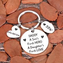 Load image into Gallery viewer, Dad Gifts Keychain from Daughter Son to Father’s Day Birthday Gift for Father Daddy Stepdad Godfather Father in Law Christmas Wedding Valentine Keyring A Son’s First Hero A Daughter’s First Love
