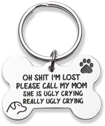 Funny Pet Tag, Funny Cute Dog Tag for Dogs Cats , Engraved Bone Shape Dog Collar Tag - I'm Lost Please Call My Mom She’s Ugly Crying New Puppy Tag Gift Stainless Steel