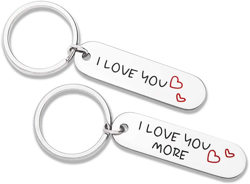 Couple Keychains Set 2 Pcs for Him and Her I Love You More Personalized Key Chain Engraved Dog Tag Pendant His And Hers Key Chains Gifts for Men Women Husband wife Boyfriend Girlfriend Mom Daughter
