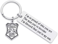 Load image into Gallery viewer, Police Officer Keychain Gifts For Son Policeman Sheriff&#39;s Graduation Gifts From Dad Mom To Son Officer Gifts For Him Key Ring Tag I’m So Proud Of Who You Are Keychain Police Badge Charm
