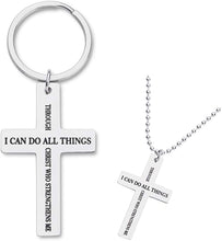 Load image into Gallery viewer, Cross Charm Keychain Necklace Inspirational Gifts for Men Women Boys Girls Strength Bible Verse Philippians 4:13 Enrgaved Metal Keyring Jewelry for Purse Baptism Favors Faith Gifts Scripture
