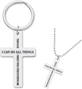 Cross Charm Keychain Necklace Inspirational Gifts for Men Women Boys Girls Strength Bible Verse Philippians 4:13 Enrgaved Metal Keyring Jewelry for Purse Baptism Favors Faith Gifts Scripture