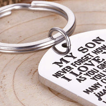 Load image into Gallery viewer, To My Son Christmas Keychain Gifts from Mom Dad Mother To Son Him Teens Stocking Stuffers Adult Men Teenage Boys Kids Birthday Gradation Sweet Sixteen Going To College Guys Males Wedding Gifts Present
