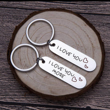 Load image into Gallery viewer, Couple Keychains Set 2 Pcs for Him and Her I Love You More Personalized Key Chain Engraved Dog Tag Pendant His And Hers Key Chains Gifts for Men Women Husband wife Boyfriend Girlfriend Mom Daughter
