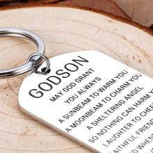 Load image into Gallery viewer, Keychain for Godson Gifts from Godmother Godfather Godparents to My Godson Christmas Keepsake Present Communion Baptism Graduation Birthday Valentine Gifts for Godson Teen Boys Kids Son Dog Tag Key
