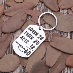 Funny Happy 60th Birthday Keychain Gifts for Men Women Turning 60 Gifts 60 Years Old Gifts for/from Husband Wife Grandma Grandpa Mom Dad Newly Turned 60th B-Day Key Ring Presents Him Her