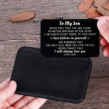 Load image into Gallery viewer, Dad To My Son Wallet Card Inserts Christmas Valentine Gifts For Step Son From Dad Fathers Day Graduation Sweet 16 18 21 Birthday Love Note For him Teens Adult Men Teenage Boys Kids Inspirational Gift
