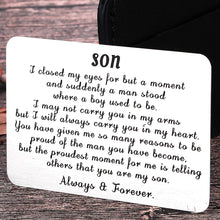 Load image into Gallery viewer, Mom Dad To My Son Valentine Wallet Card Inserts Graduation Gifts for Son from Mothers Fathers Day Christmas Inspirational Sweet 16th Birthday Love Note For Him Teens Adult Men Teenage boys Gifts
