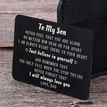 Load image into Gallery viewer, Dad To My Son Wallet Card Inserts Christmas Valentine Gifts For Step Son From Dad Fathers Day Graduation Sweet 16 18 21 Birthday Love Note For him Teens Adult Men Teenage Boys Kids Inspirational Gift
