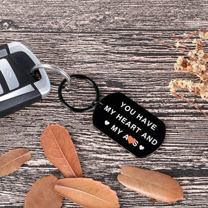 Valentine Day Gifts Keychain for Him Husband Boyfriend Christmas You Have My Heart and My As Anniversary Birthday Gifts for Man Fiance Groom Engagement Wedding Couple Gag Gifts from Her (Black)